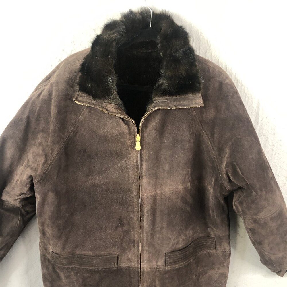 JLC Leather Jacket Womens M Brown Reversible Faux Mink Coat Mob Wife Old Money - Picture 6 of 16
